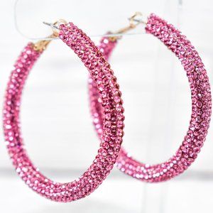 2.25" Bohemian Pink Pave Rhinestone Hoop Earrings